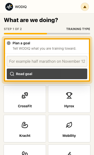 WODIQ app screen for choosing a goal or sport.