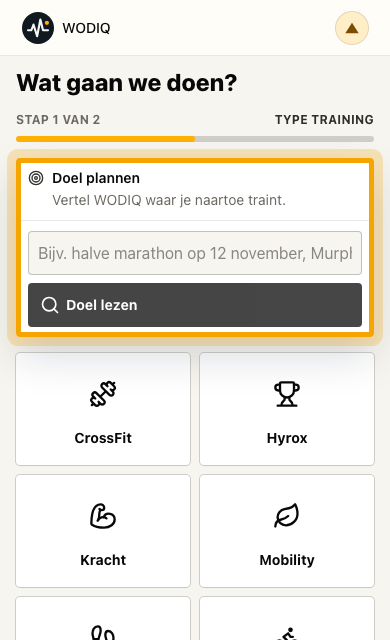 WODIQ appscherm om een doel of sport te kiezen.
