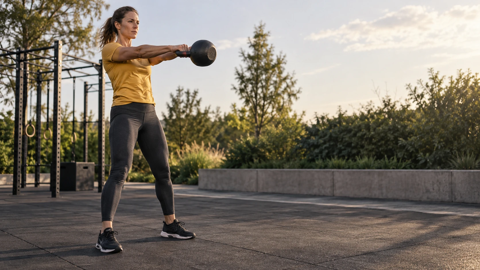 Sporter zwaait een kettlebell op een buitenterras naast een optrekrek.